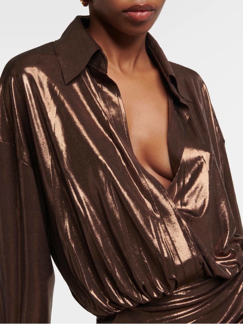 Norma Kamali Draped Bronze Chocolate Copper Metalic Ruched Minidress Sz M = 38